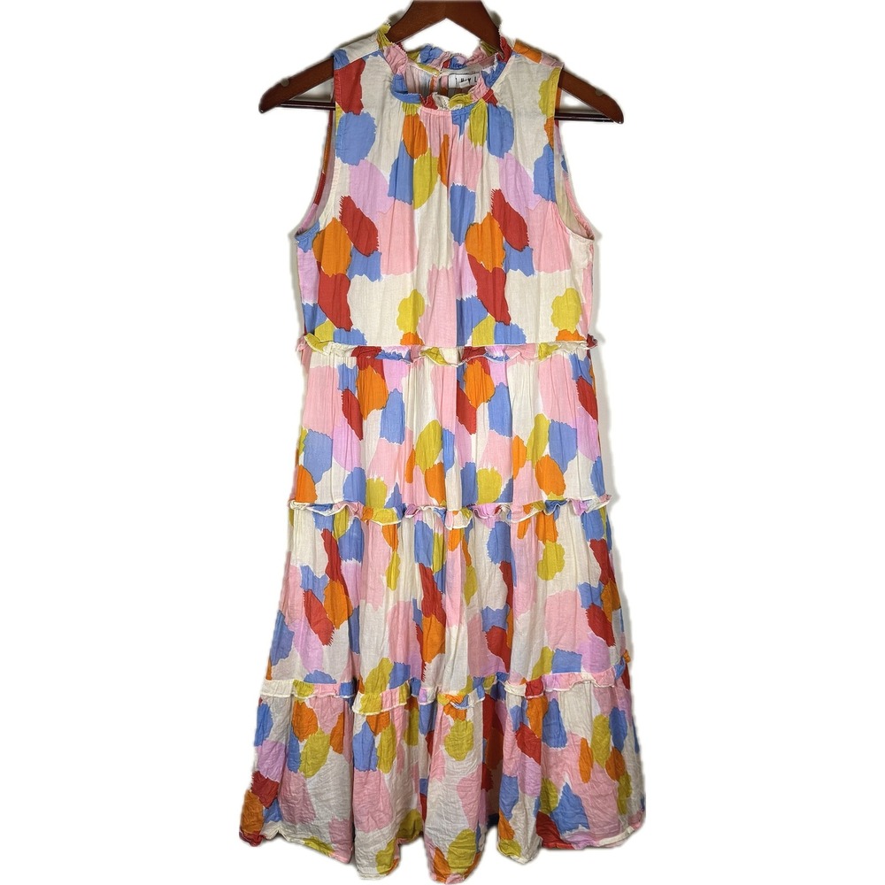 THML Tiered Midi Dress Women Small Multicolor Abstract Ruffle Sleeveless Boho